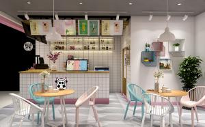 奶茶店吧臺(tái)設(shè)計(jì)，奶茶店吊頂效果圖，奶茶店墻飾效果圖，鄭州奶茶店裝修